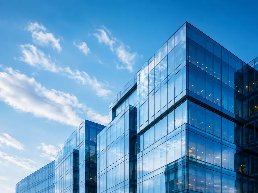 Modern glass headquarters reflecting a clear blue sky