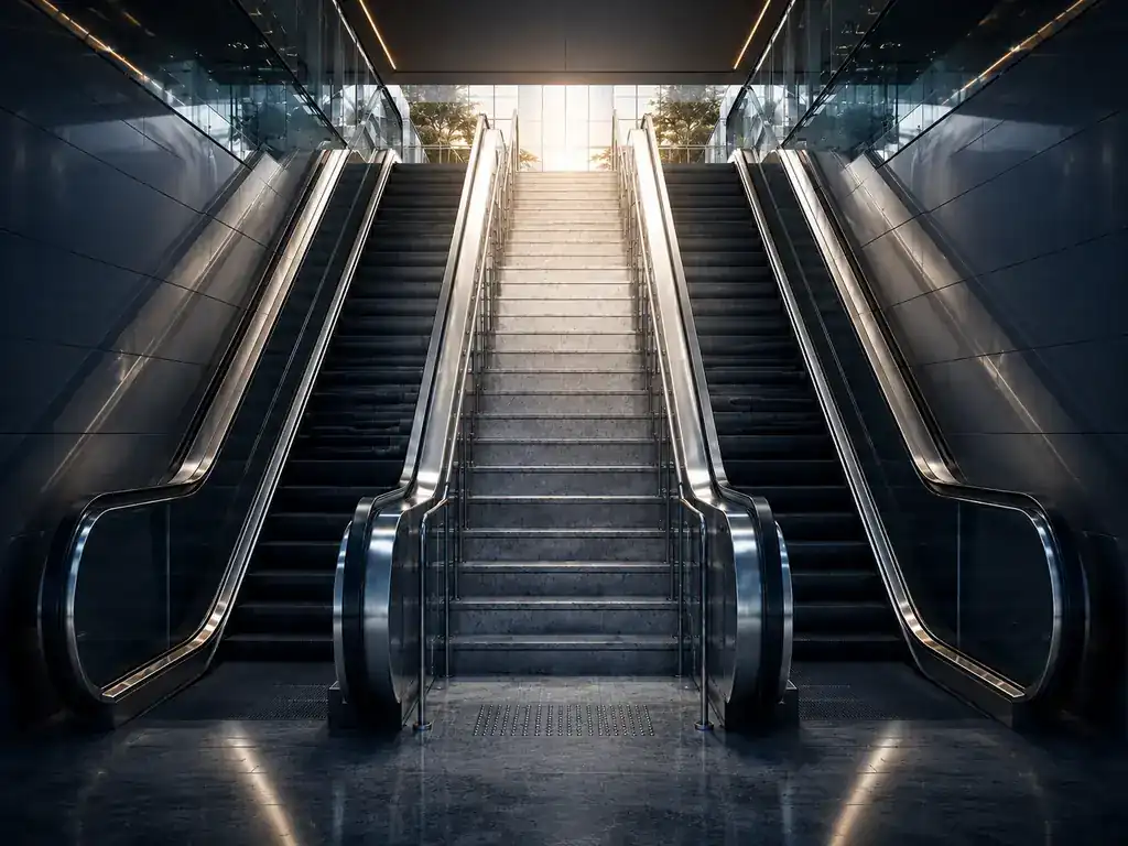 A central staircase leading upward between two escalators